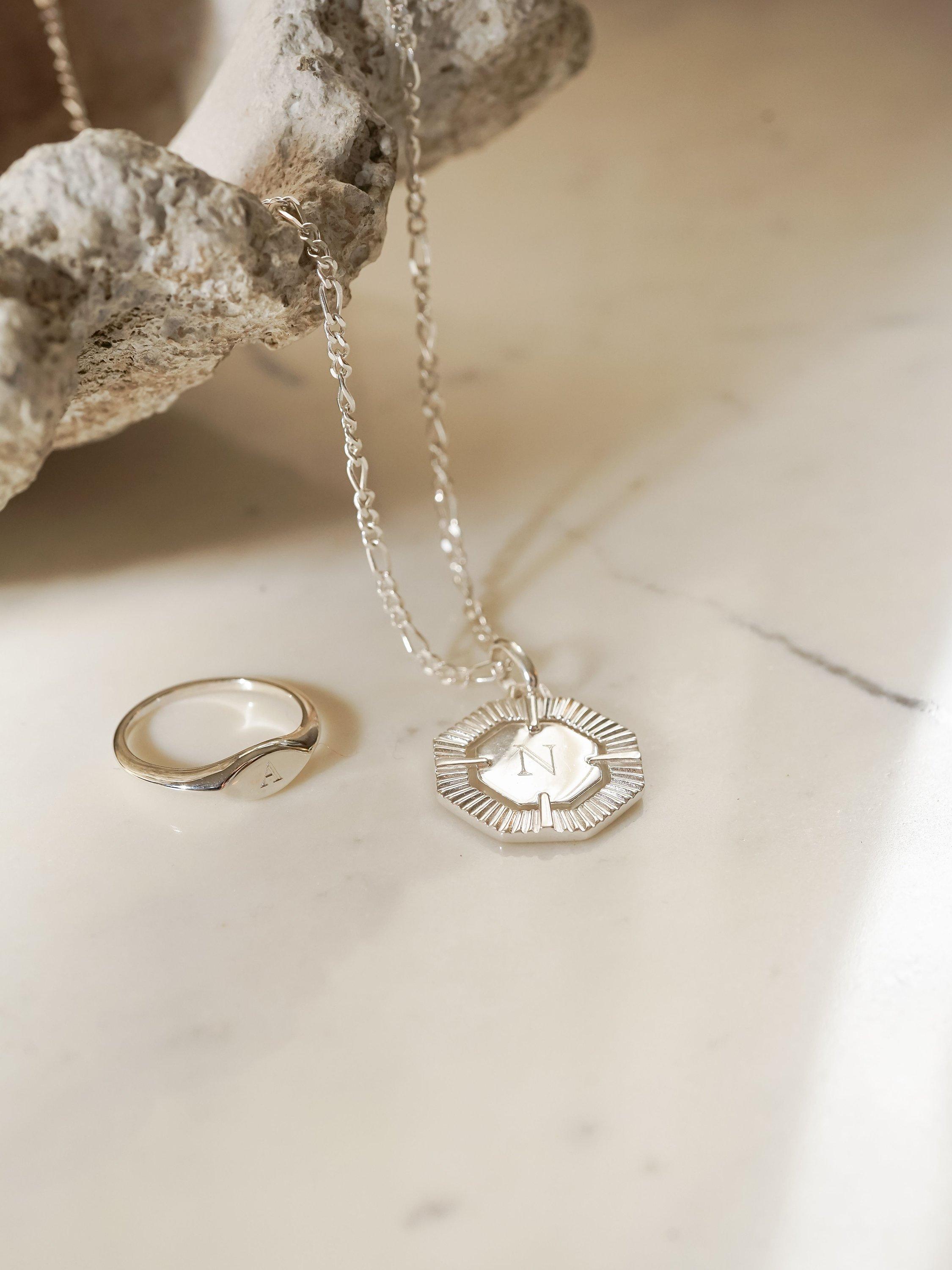 Product image 3 of 4, which shows Daisy London Estée Lalonde Personalised Octagonal Pendant Necklace, Silver