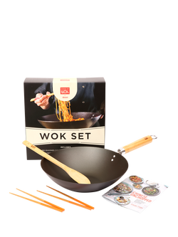 School Of Wok Carbon Steel Pre-Seasoned 30cm Wok, Chopsticks & Spatula Gift Set, Black