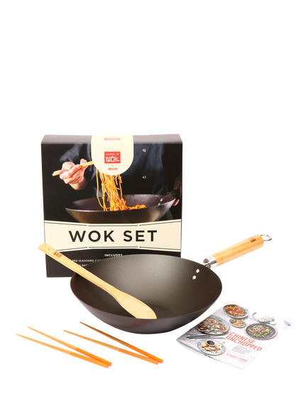 School Of Wok Carbon Steel Pre-Seasoned 30cm Wok, Chopsticks & Spatula Gift Set, Black
