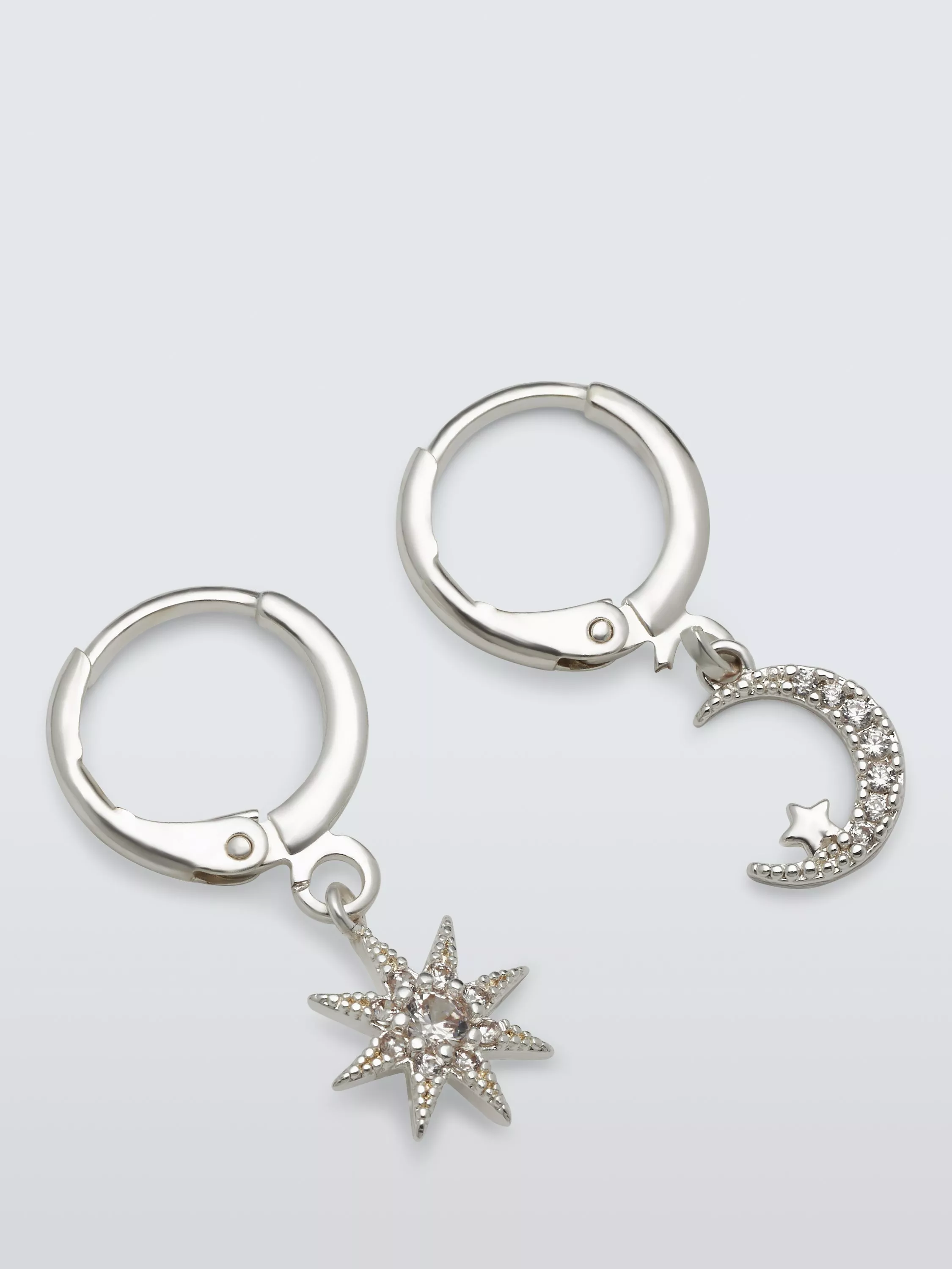 John Lewis Star and Crescent Moon Charm Huggie Hoop Earrings Silver