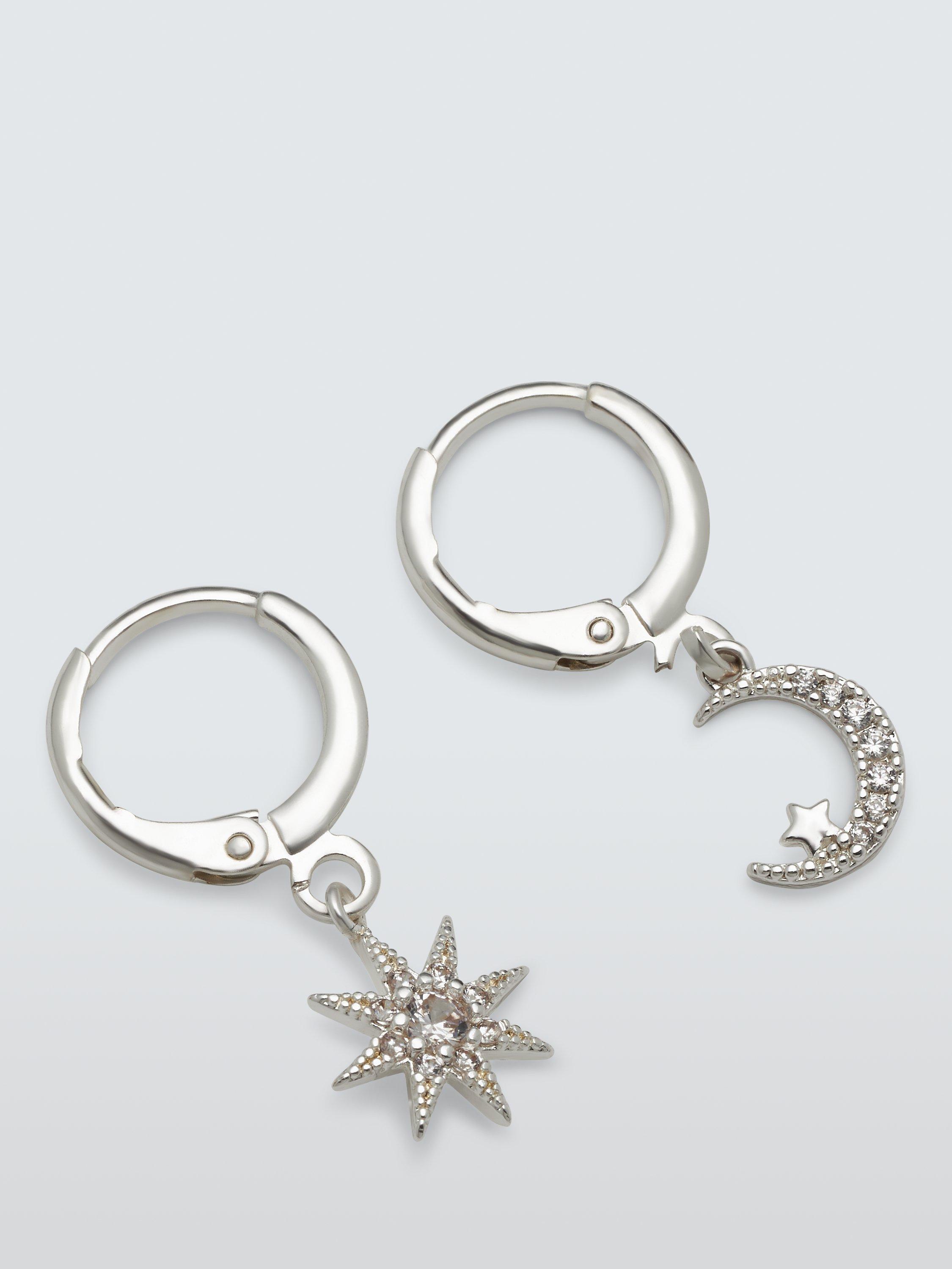 John Lewis Star and Crescent Moon Charm Huggie Hoop Earrings, Silver
