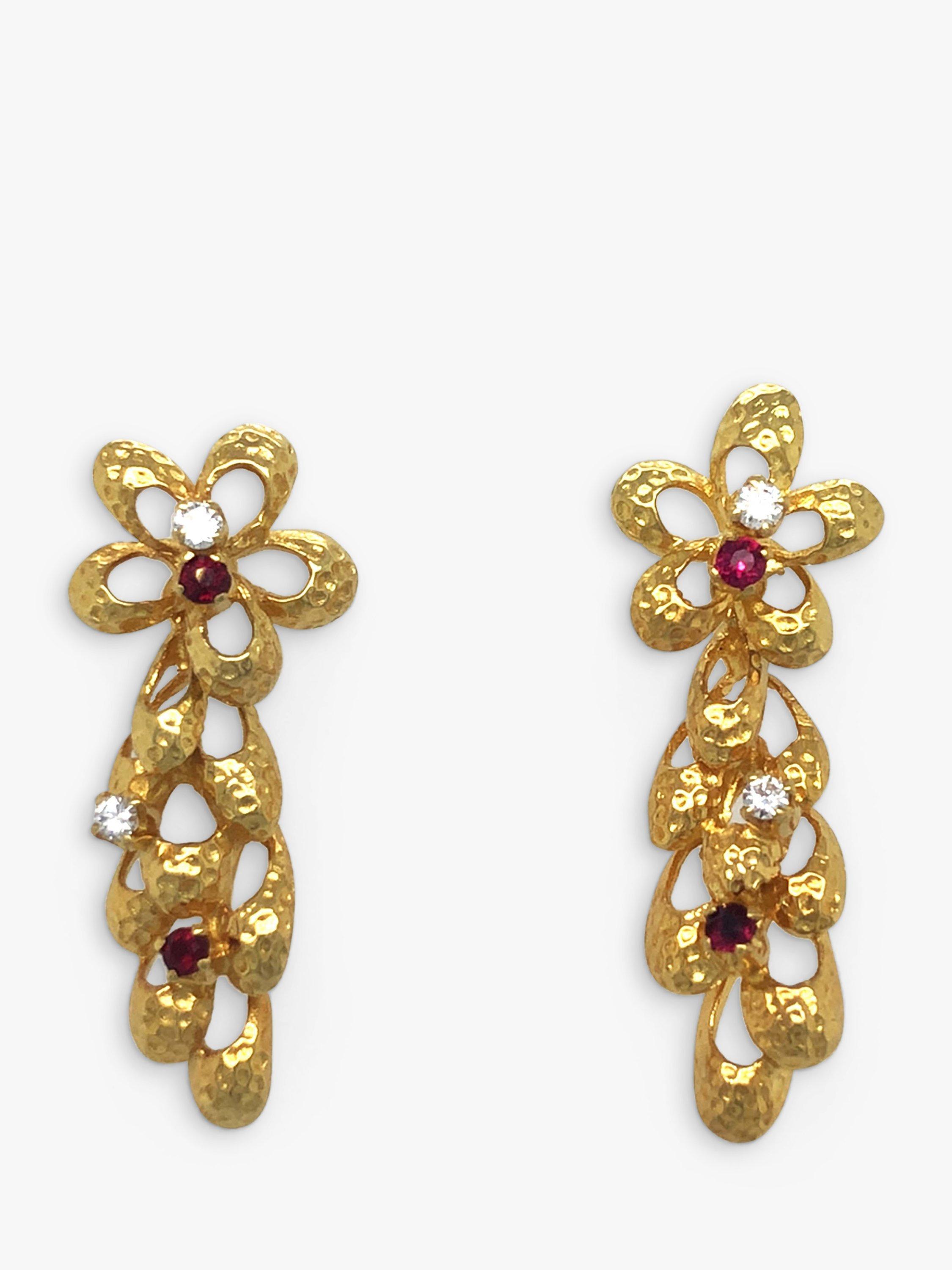 Vintage Fine Jewellery Pre-Loved 18ct Yellow Gold Diamond & Ruby Drop Earrings, Dated Circa 1990s