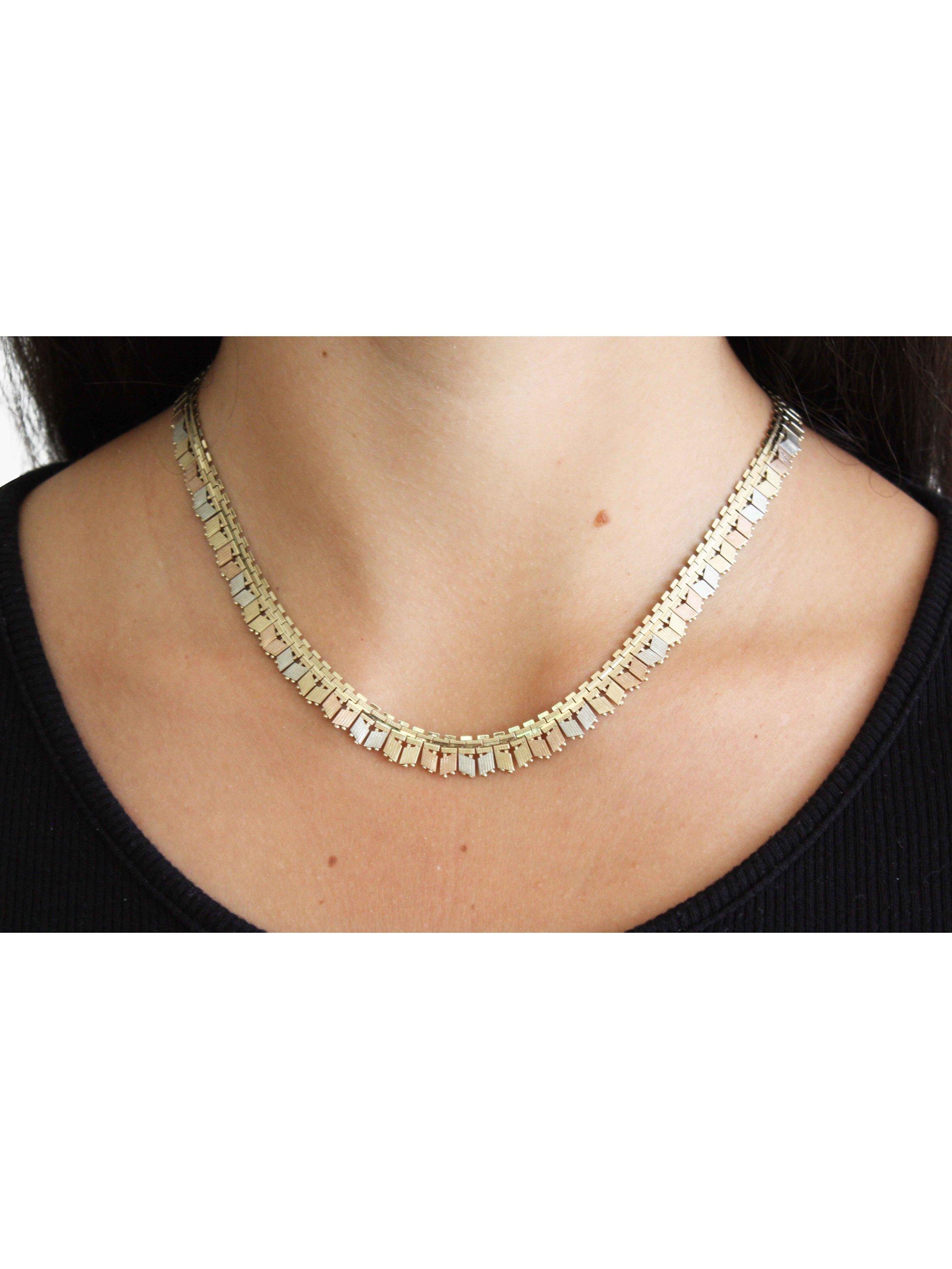 Product image 7 of 7, which shows Vintage Fine Jewellery Pre-Loved 9ct Yellow, Rose & White Fringe Collar Necklace, Dated London 1978