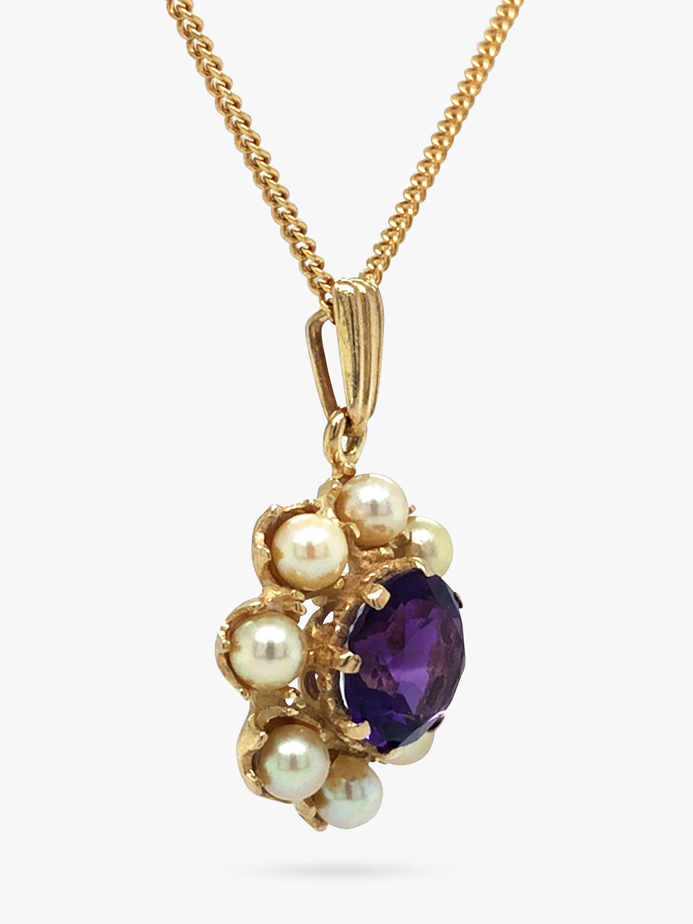 Vintage Fine Jewellery Pre-Loved 9ct Yellow Gold Pearl & Amethyst Cluster Pendant Necklace, Dated Birmingham 1964