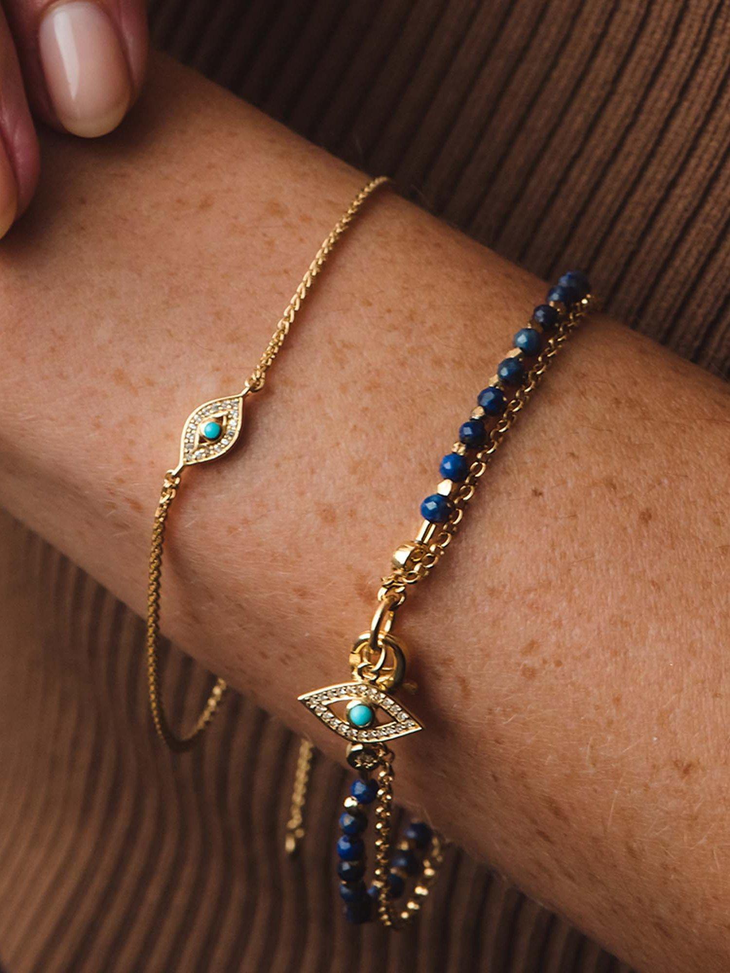 Product image 2 of 3, which shows Astley Clarke Turquoise and White Sapphire Evil Eye Chain Bracelet, Gold/Blue