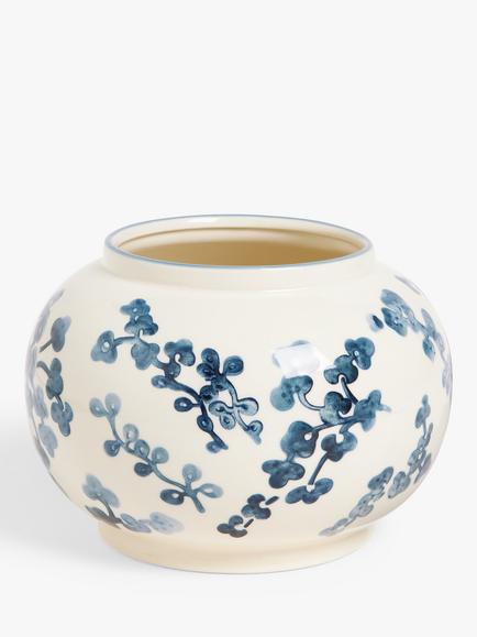 John Lewis Hand Painted Floral Stoneware Vase, H15cm, Blue/White, Blue/White