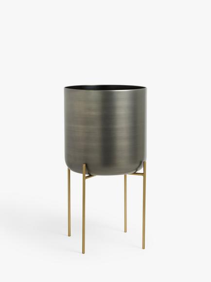 John Lewis Large Indoor Iron Planter & Stand, Grey/Brass, Grey/Brass