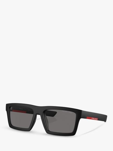Prada PS 02ZS Men's Rectangular Polarised Sunglasses, Black/Grey, Black/Grey