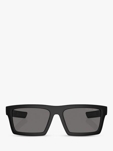 Prada PS 02ZS Men's Rectangular Polarised Sunglasses, Black/Grey - view 2, Black/Grey