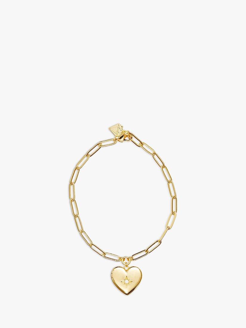 Product image 1 of 4, which shows Wanderlust + Co Heart Locket Chain Bracelet, Gold