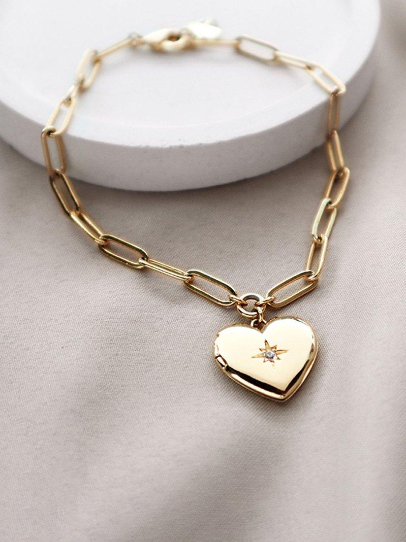 Product image 4 of 4, which shows Wanderlust + Co Heart Locket Chain Bracelet, Gold