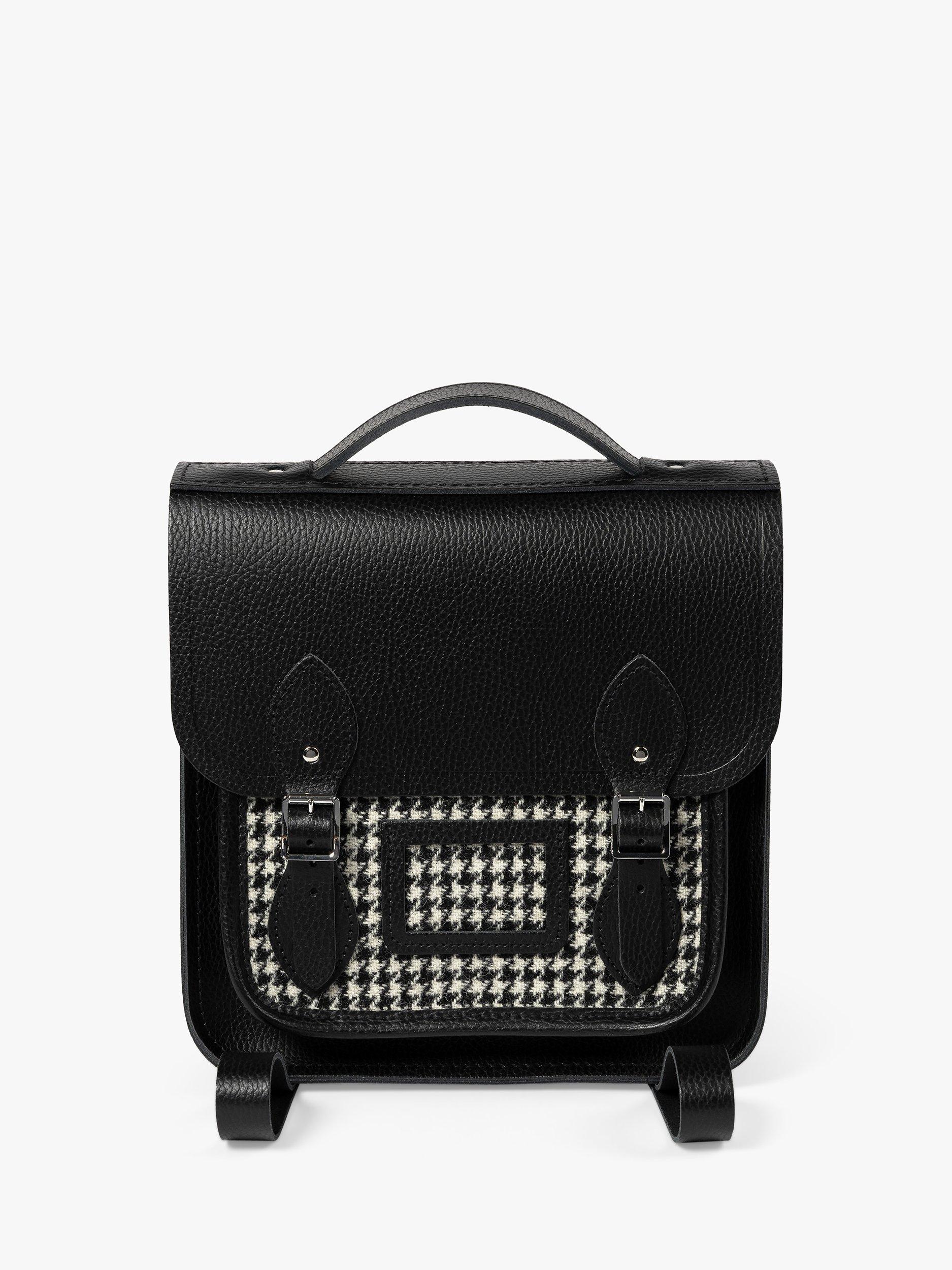 Cambridge Satchel Small Portrait Leather Backpack, Black Celtic Grain/Harris Tweed Tartan