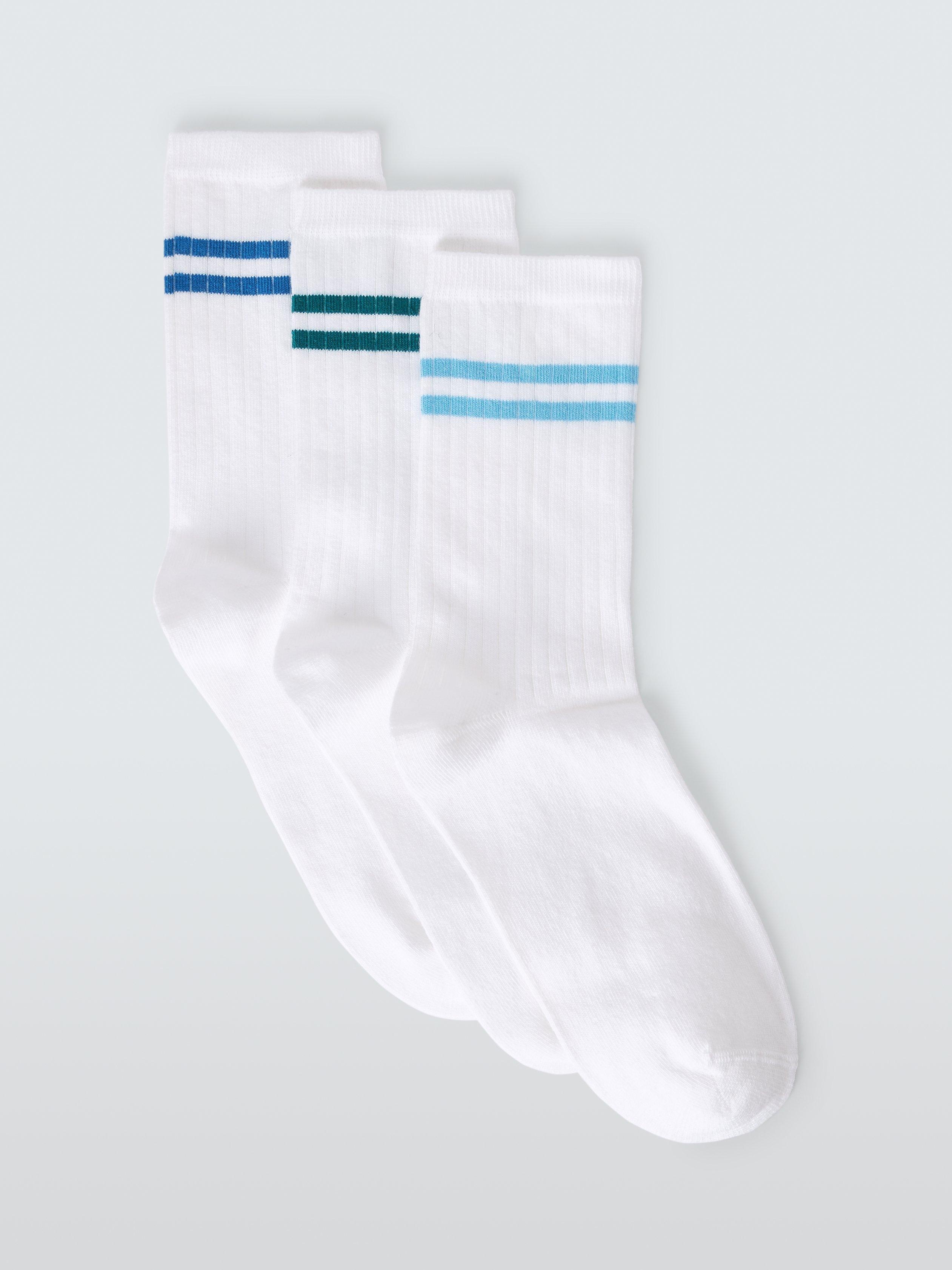 Product image 1 of 2, which shows John Lewis Sports Stripe Ankle Socks, Pack of 3, Blue/Multi