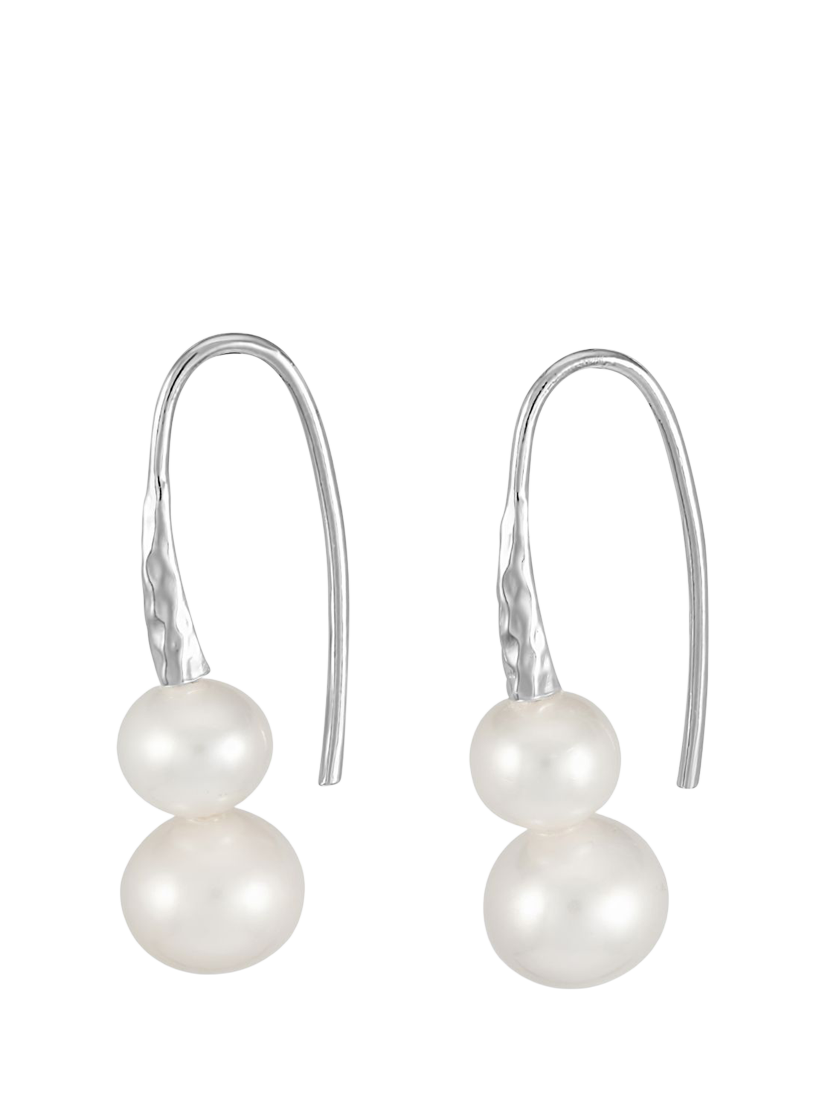 Product image 1 of 3, which shows Dower & Hall Double Freshwater Pearl Hook Drop Earrings, Silver/White