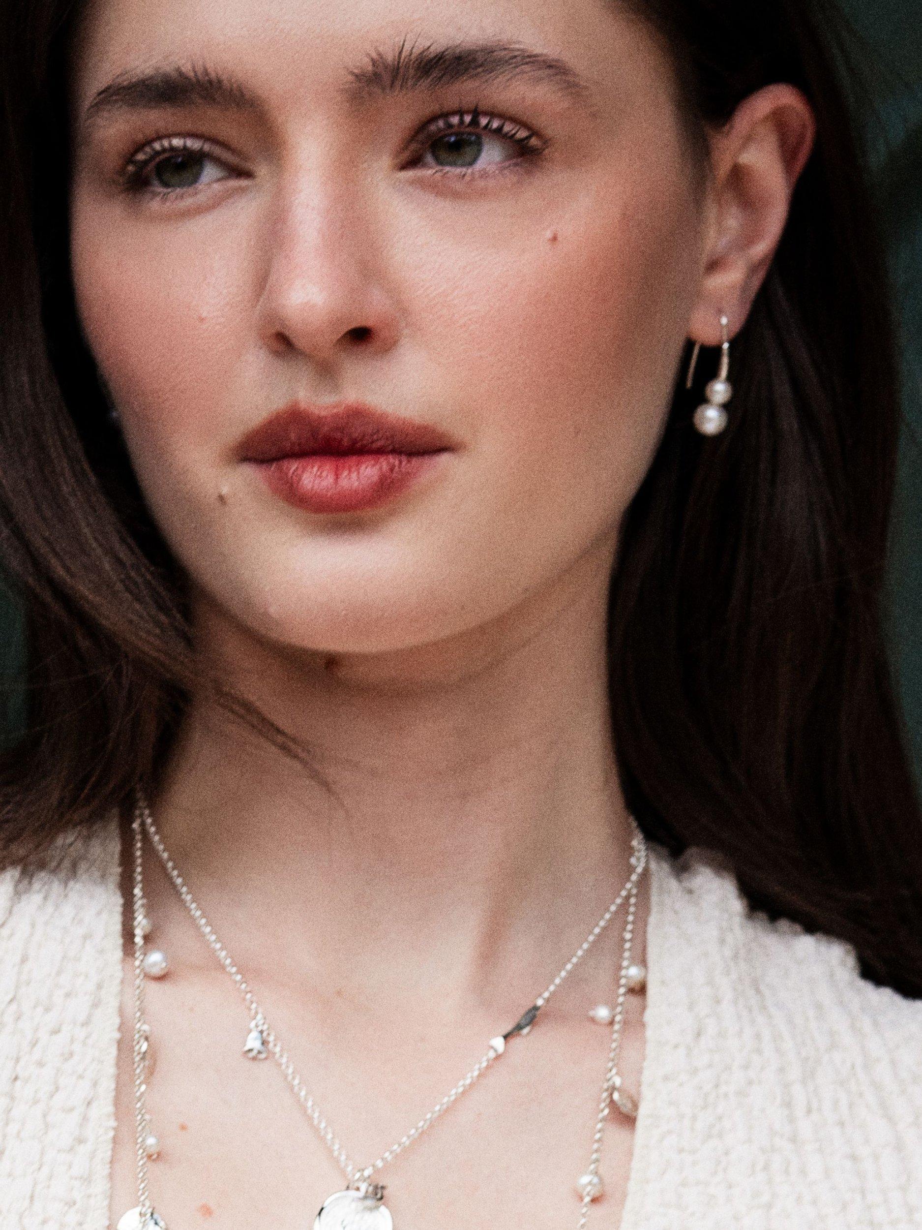 Product image 3 of 3, which shows Dower & Hall Double Freshwater Pearl Hook Drop Earrings, Silver/White