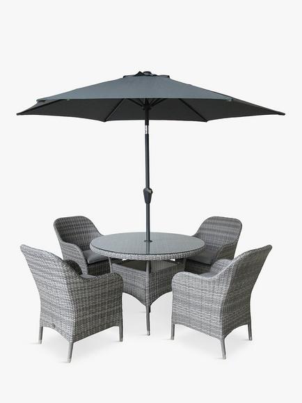 LG Outdoor Monte Carlo 4-Seater Round Garden Dining Table & Chairs Set with Parasol, Stone