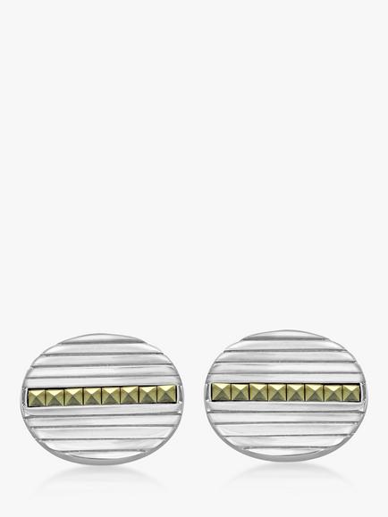 Hoxton London Marcasite Set Ribbed Oval Cufflinks, Silver - view 2, Silver