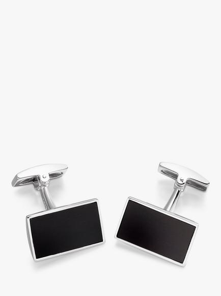 Hoxton London Ebony Wood Rectangle Cufflinks, Silver, Silver