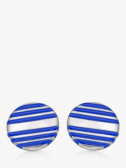 Hoxton London Stripe Enamel Stripe Round Cufflinks, Silver/Blue - view 2, Silver/Blue