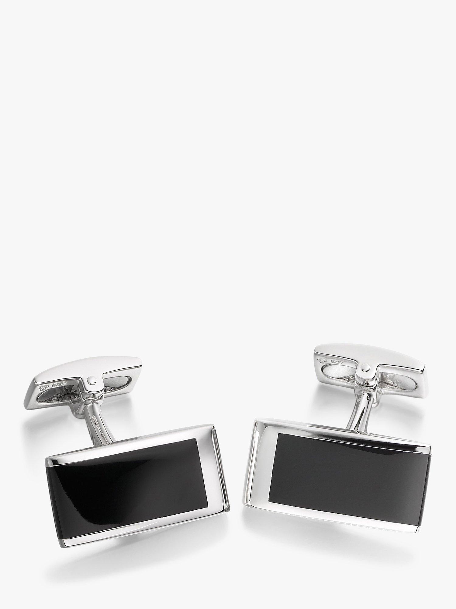 Product image 1 of 5, which shows Hoxton London Cats Eye Curved Rectangle Cufflinks, Silver/Black