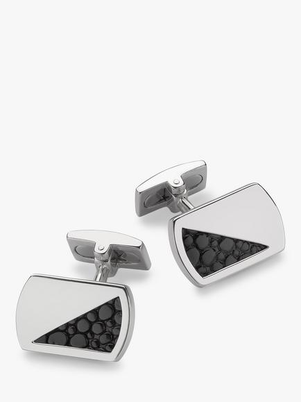 Hoxton London Leather Inlay Rectangle Cufflinks, Silver/Black, Silver/Black