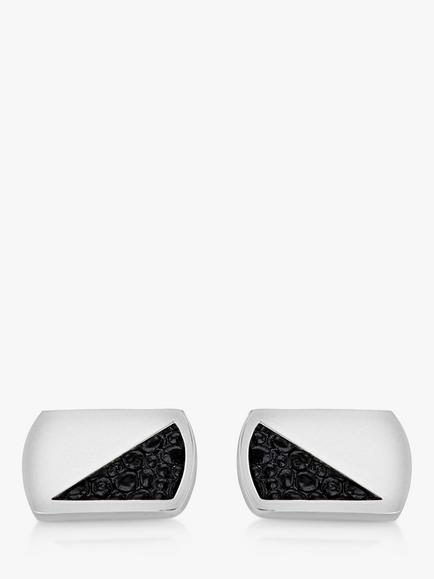 Hoxton London Leather Inlay Rectangle Cufflinks, Silver/Black - view 2, Silver/Black