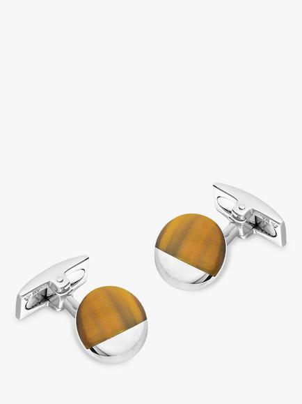 Hoxton London Tiger's Eye Circular Cufflinks, Silver/Brown, Silver/Brown