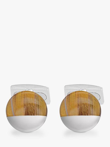 Hoxton London Tiger's Eye Circular Cufflinks, Silver/Brown - view 2, Silver/Brown