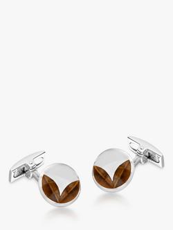 Hoxton London Tiger's Eye Round Cufflinks, Silver/Brown, Silver/Brown