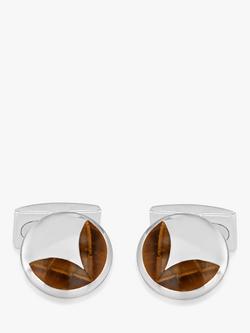 Hoxton London Tiger's Eye Round Cufflinks, Silver/Brown - view 2, Silver/Brown