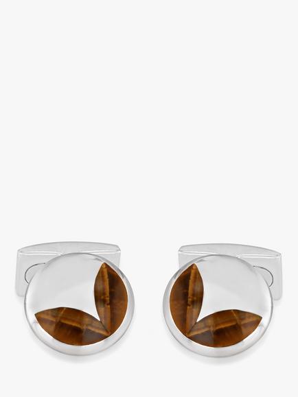 Hoxton London Tiger's Eye Round Cufflinks, Silver/Brown - view 2, Silver/Brown