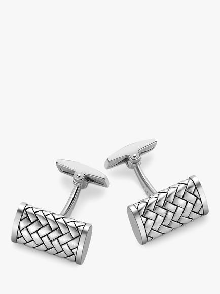 Hoxton London Rhodium Plated Herringbone Rectangular Cufflinks, Silver, Silver