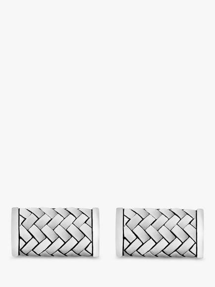 Hoxton London Rhodium Plated Herringbone Rectangular Cufflinks, Silver - view 2, Silver