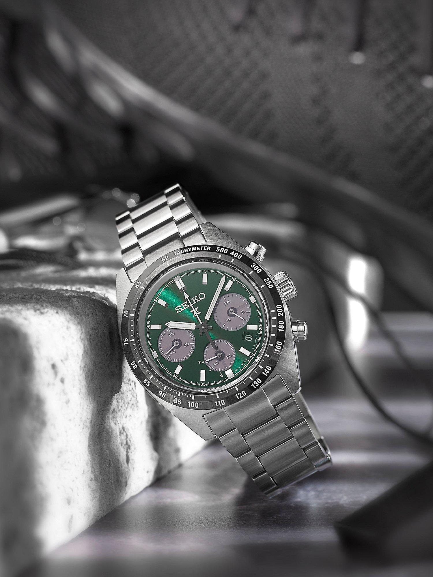Product image 2 of 7, which shows Seiko SSC933P1 Men's Prospex Speedtimer Solar Chronograph Bracelet Strap Watch, Green/Silver