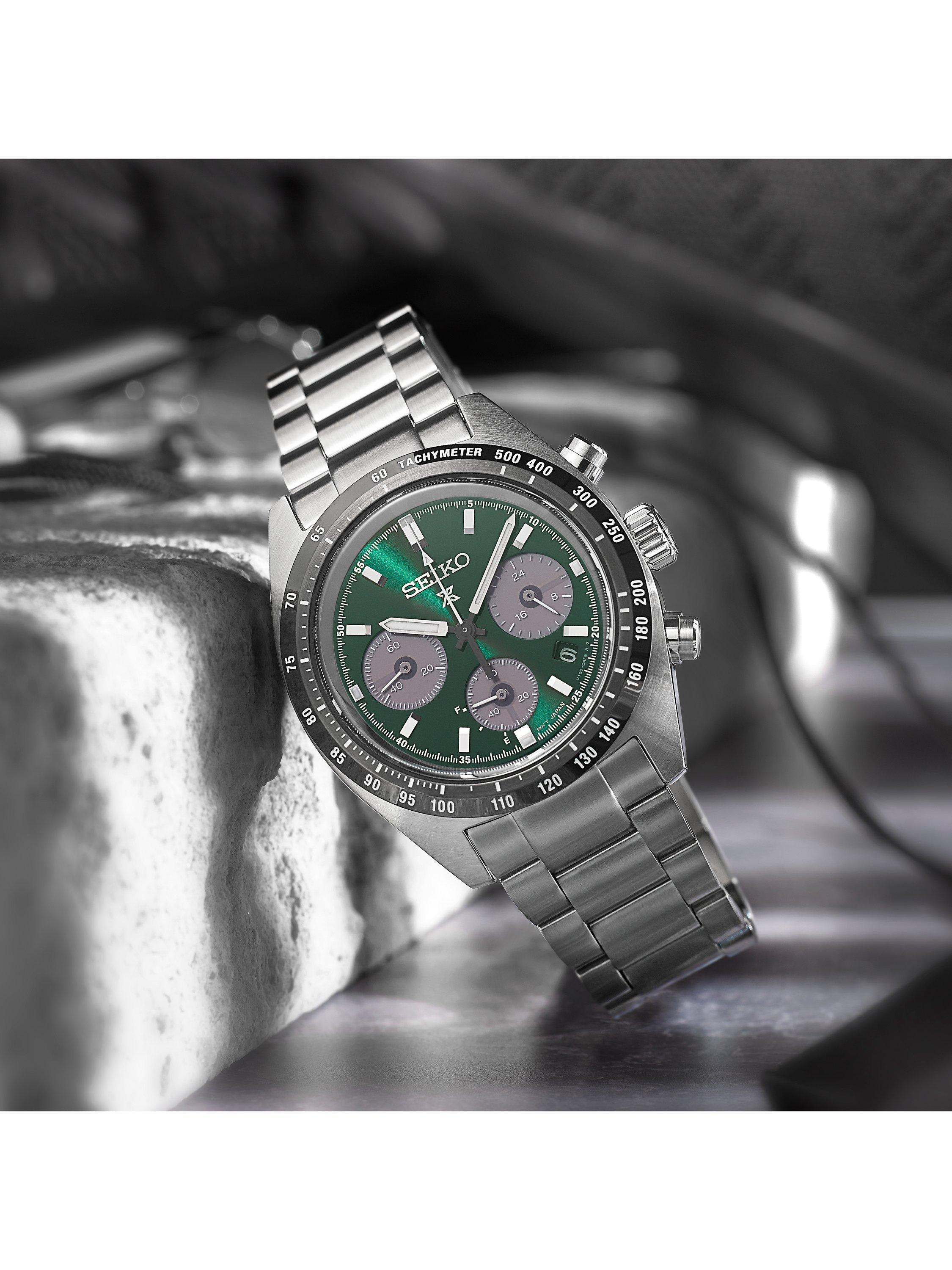 Product image 3 of 7, which shows Seiko SSC933P1 Men's Prospex Speedtimer Solar Chronograph Bracelet Strap Watch, Green/Silver
