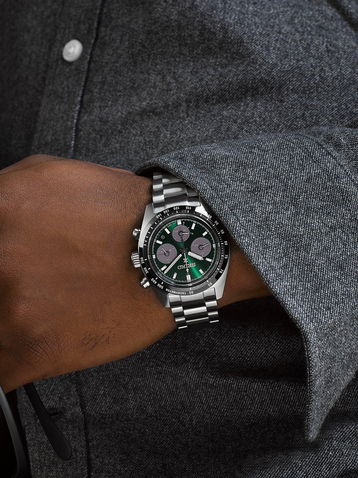 Product image 4 of 7, which shows Seiko SSC933P1 Men's Prospex Speedtimer Solar Chronograph Bracelet Strap Watch, Green/Silver