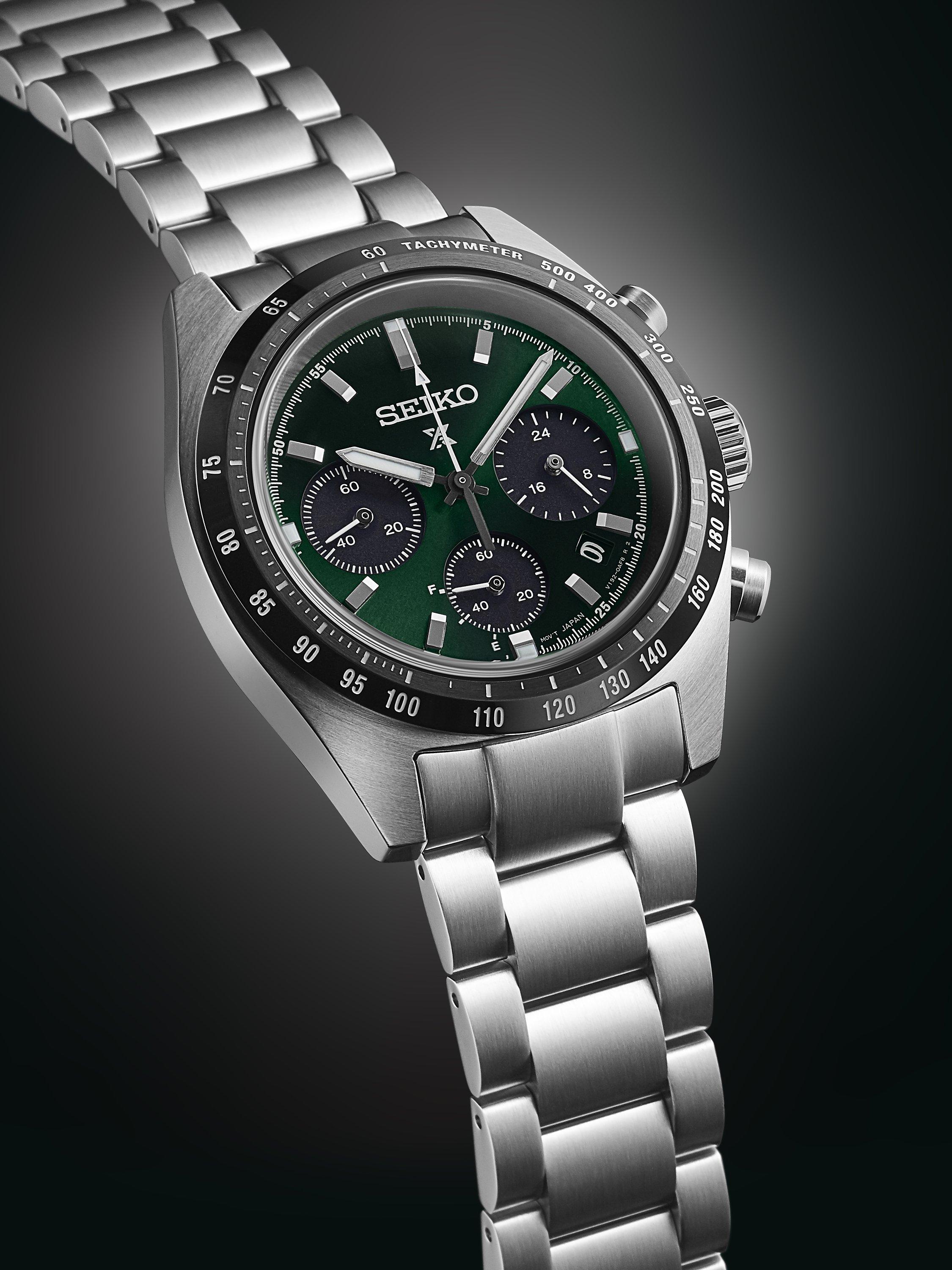 Product image 5 of 7, which shows Seiko SSC933P1 Men's Prospex Speedtimer Solar Chronograph Bracelet Strap Watch, Green/Silver