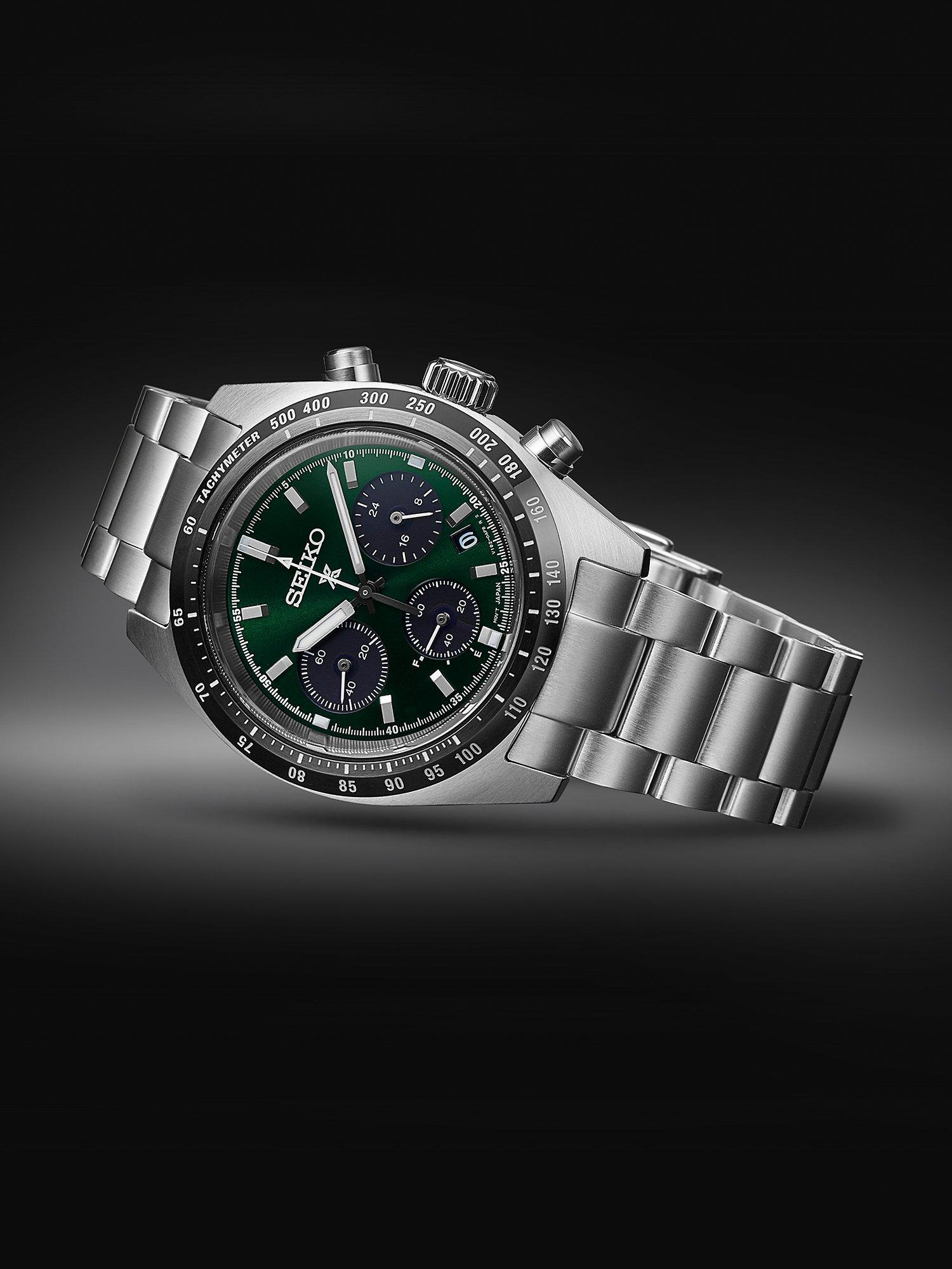 Product image 6 of 7, which shows Seiko SSC933P1 Men's Prospex Speedtimer Solar Chronograph Bracelet Strap Watch, Green/Silver