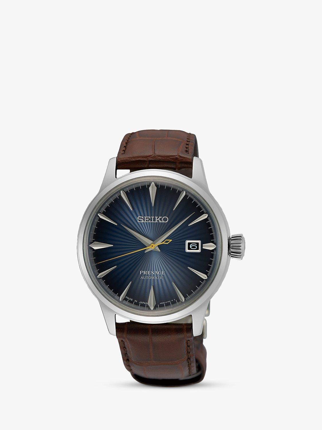 Seiko SRPK15J1 Men s Midnight Blue Moon Presage Cocktail Time Leather Strap Watch Blue Grey Brown