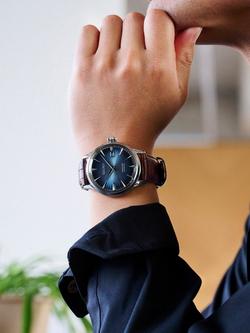 Seiko SRPK15J1 Men's Midnight Blue Moon Presage Cocktail Time Leather Strap Watch, Blue Grey/Brown - view 2, Blue Grey/Brown