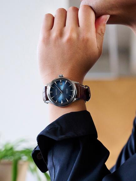 Seiko SRPK15J1 Men's Midnight Blue Moon Presage Cocktail Time Leather Strap Watch, Blue Grey/Brown - view 2, Blue Grey/Brown