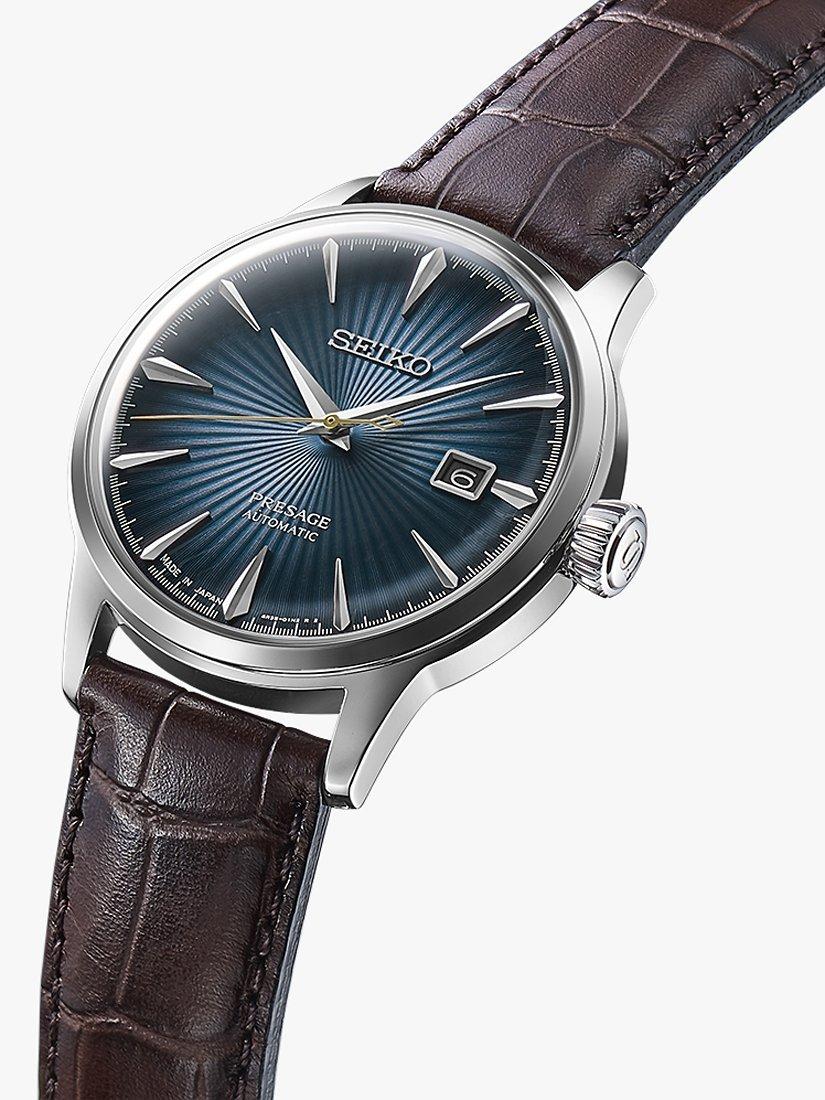 Seiko SRPK15J1 Men s Midnight Blue Moon Presage Cocktail Time Leather Strap Watch Blue Grey Brown