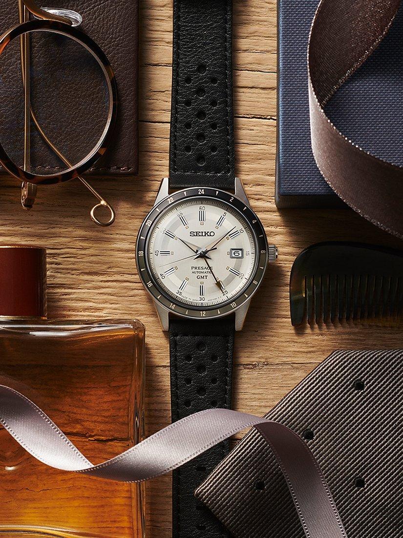 Product image 2 of 5, which shows Seiko SSK011J1 Men's Presage Style 60s Road Trip GMT Automatic Leather Strap Watch, White/Black