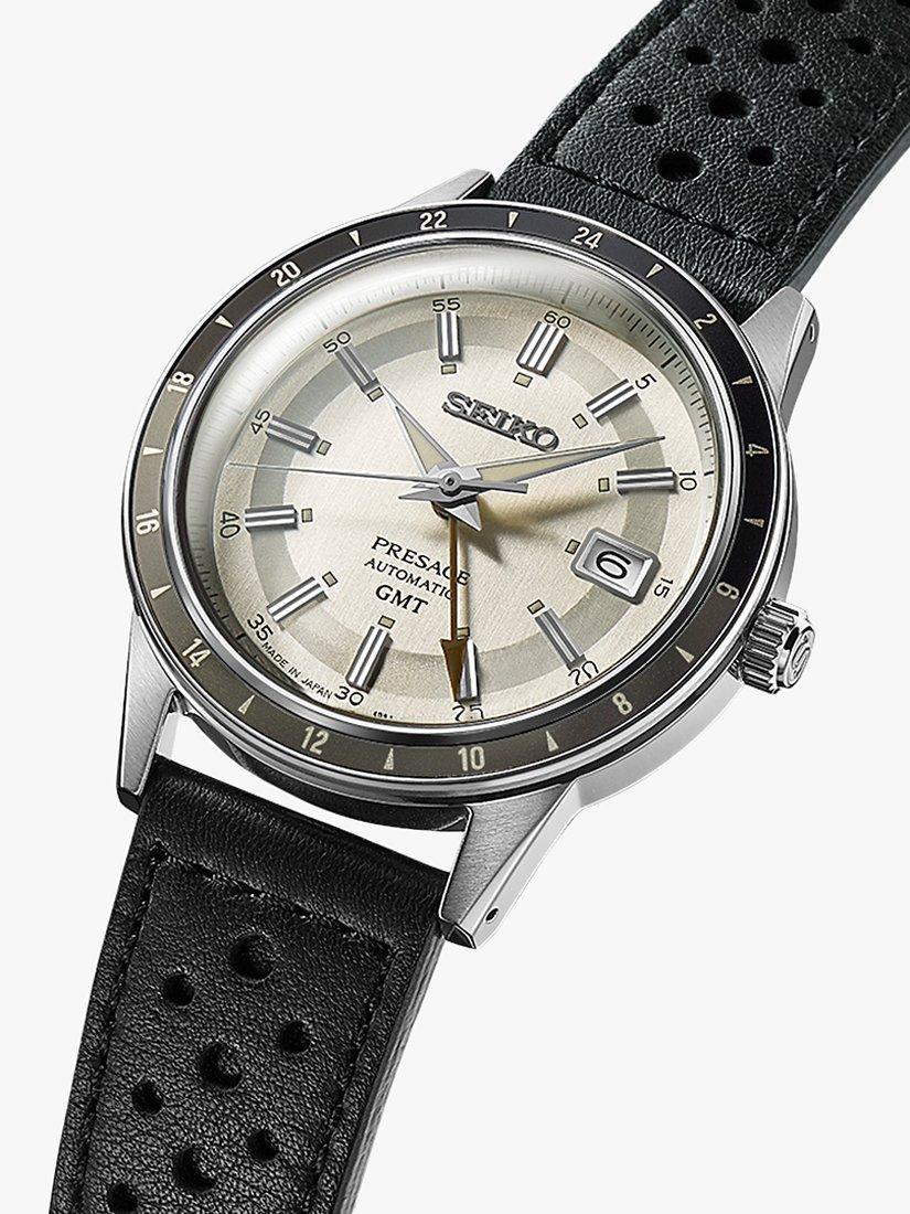 Product image 3 of 5, which shows Seiko SSK011J1 Men's Presage Style 60s Road Trip GMT Automatic Leather Strap Watch, White/Black