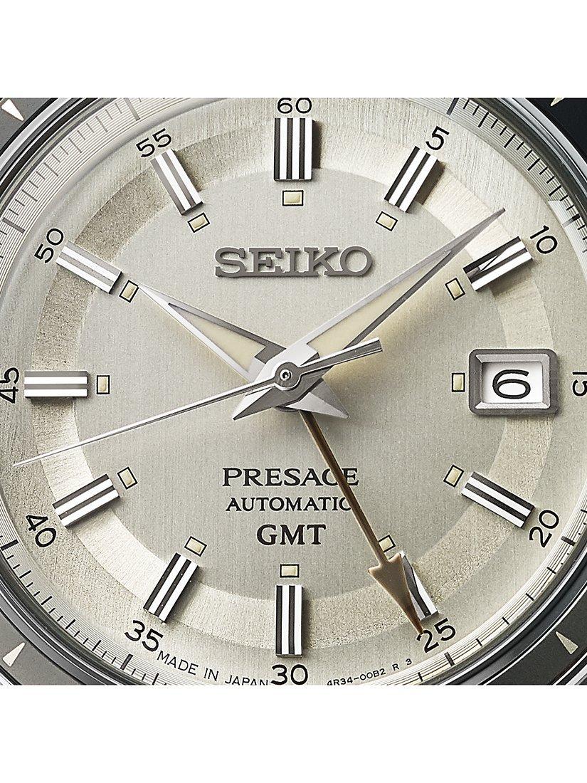 Product image 4 of 5, which shows Seiko SSK011J1 Men's Presage Style 60s Road Trip GMT Automatic Leather Strap Watch, White/Black