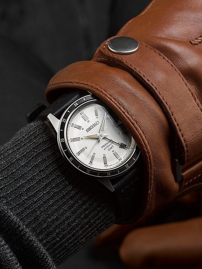 Product image 5 of 5, which shows Seiko SSK011J1 Men's Presage Style 60s Road Trip GMT Automatic Leather Strap Watch, White/Black