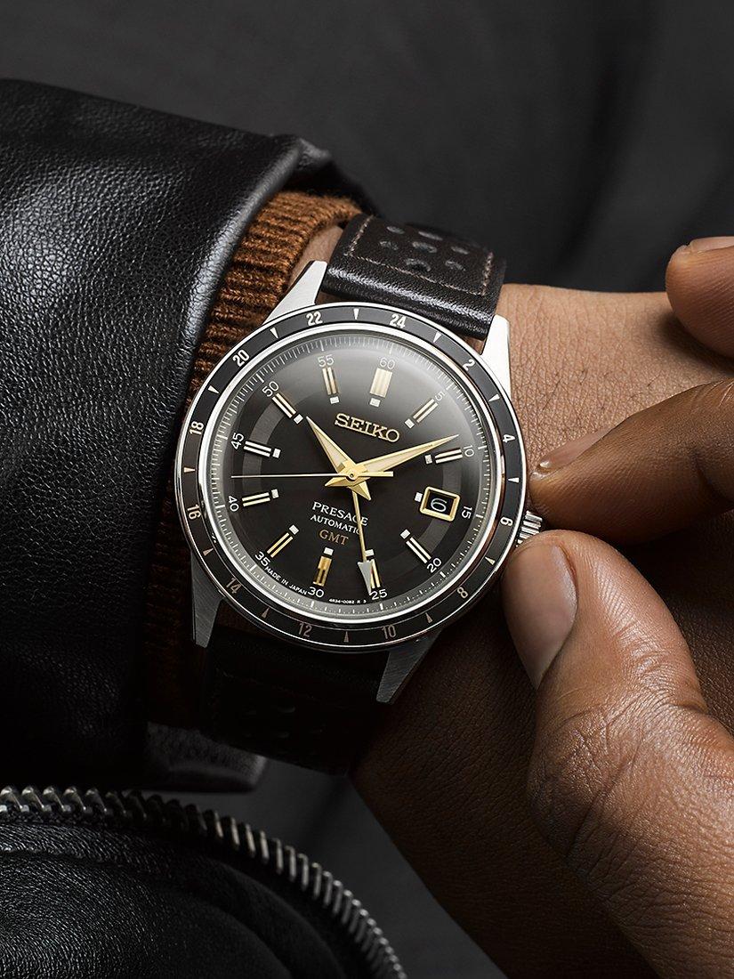 Product image 2 of 5, which shows Seiko SSK013J1 Men's Presage Style 60s Road Trip GMT Automatic Leather Strap Watch, Black