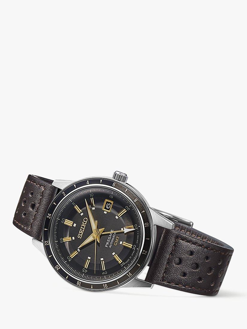 Product image 3 of 5, which shows Seiko SSK013J1 Men's Presage Style 60s Road Trip GMT Automatic Leather Strap Watch, Black