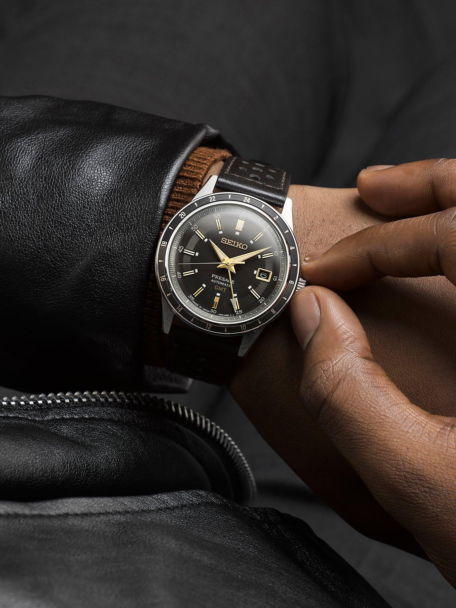 Product image 5 of 5, which shows Seiko SSK013J1 Men's Presage Style 60s Road Trip GMT Automatic Leather Strap Watch, Black