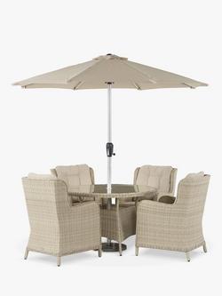 Bramblecrest Chedworth 4-Seater Garden Round Dining Table & Chairs Set with Parasol, Sandstone, Sandstone